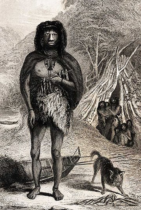 Native from Tierra del Fuego, drawn by Conrad Martens, artist on board of the Beagle, 1833.